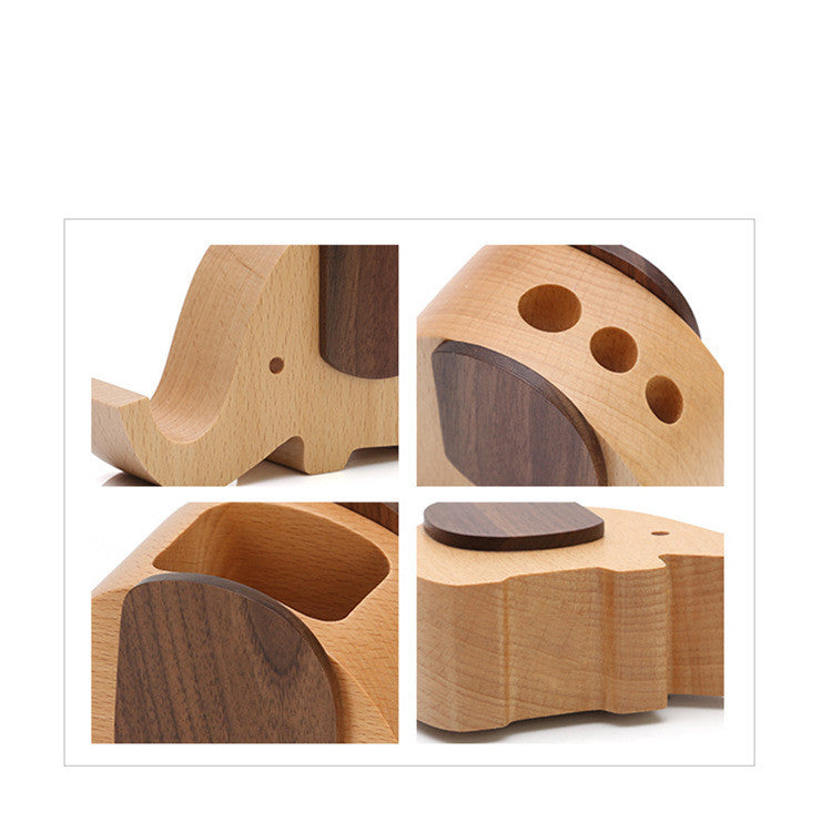 Detail collage of elephant pen holder showing pen slots and phone stand compartments in wood and walnut