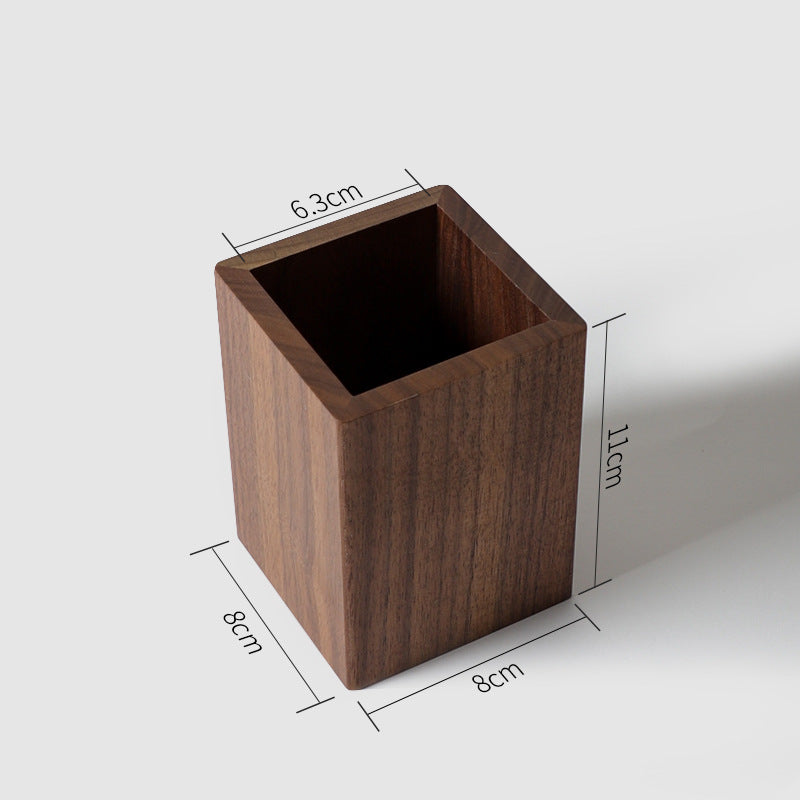 Dimension diagram of wooden pen holder measuring 6.3 by 8 by 11 centimeters