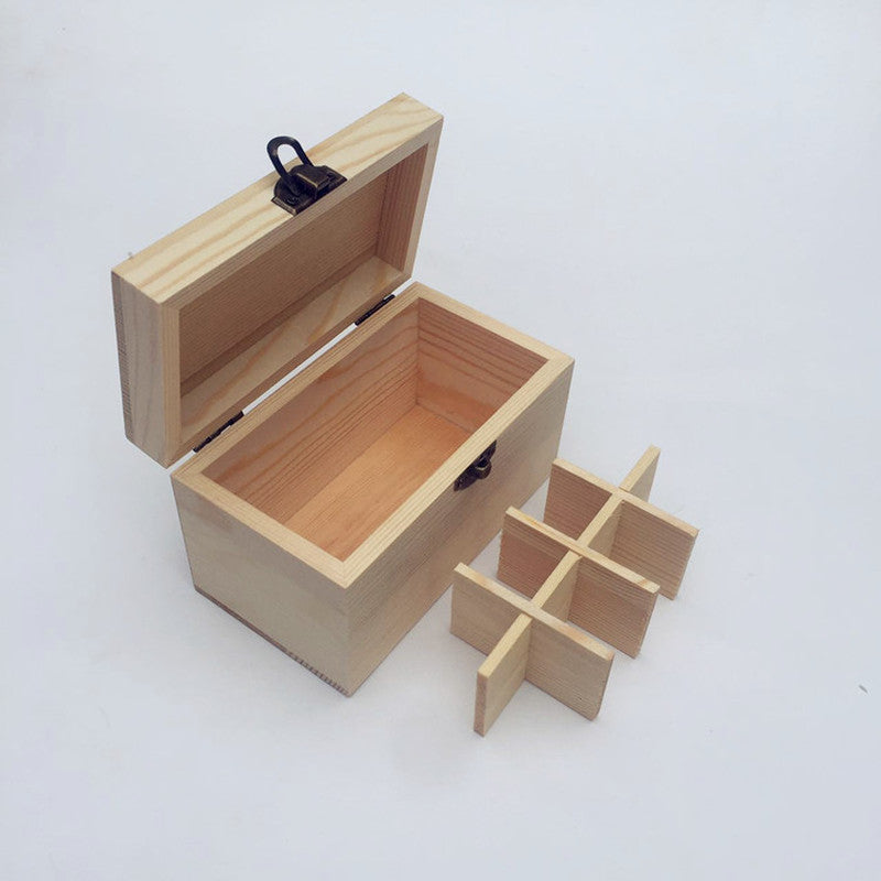 Luxury wooden essential oil storage box shown open with removable divider insert, highlighting the handcrafted compartment design