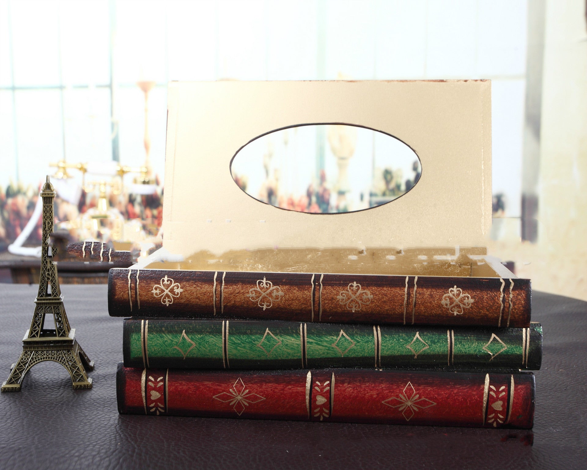 Faux antique book stack tissue box styled as home decor accent piece