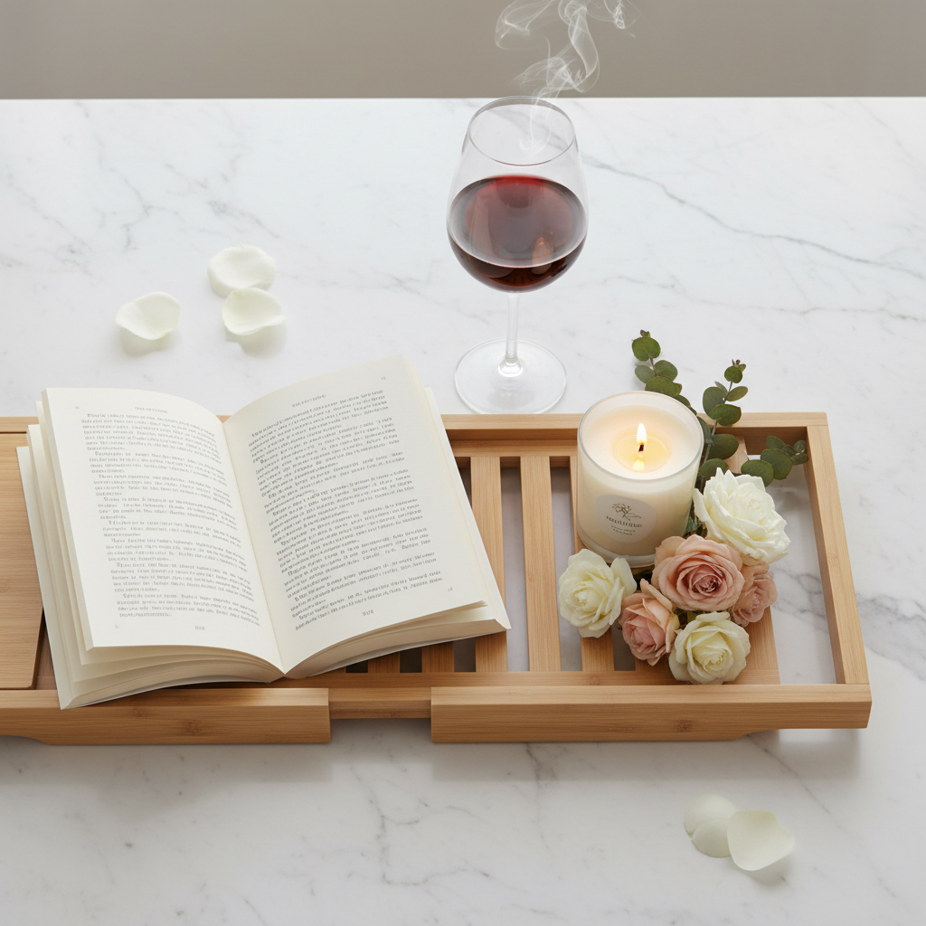 Luxury Bamboo Bath Caddy Tray | Premium Spa Bathtub Organizer & Wine Glass Holder