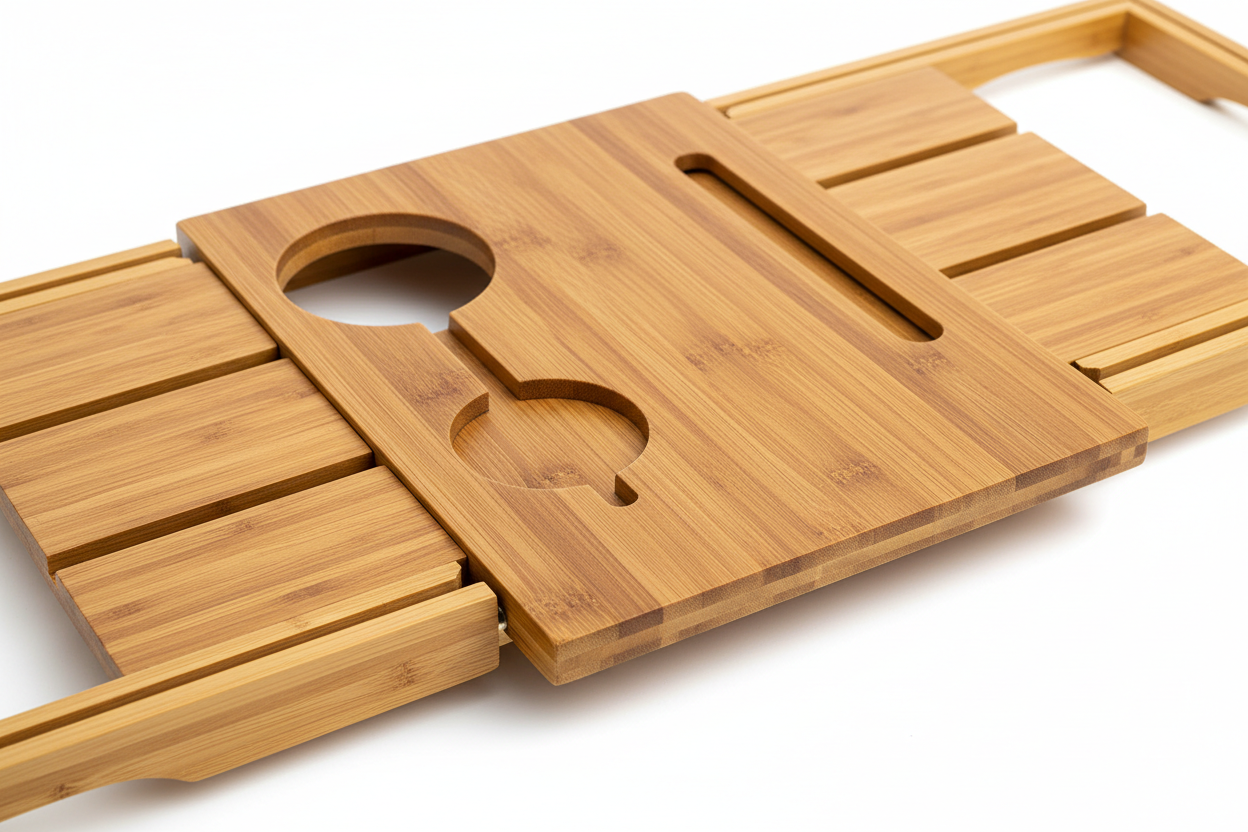 Luxury Bamboo Bath Caddy Tray | Premium Spa Bathtub Organizer & Wine Glass Holder