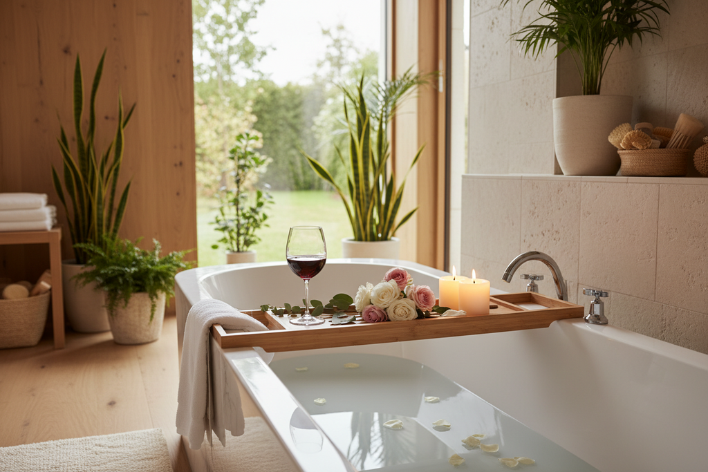 Luxury Bamboo Bath Caddy Tray | Premium Spa Bathtub Organizer & Wine Glass Holder