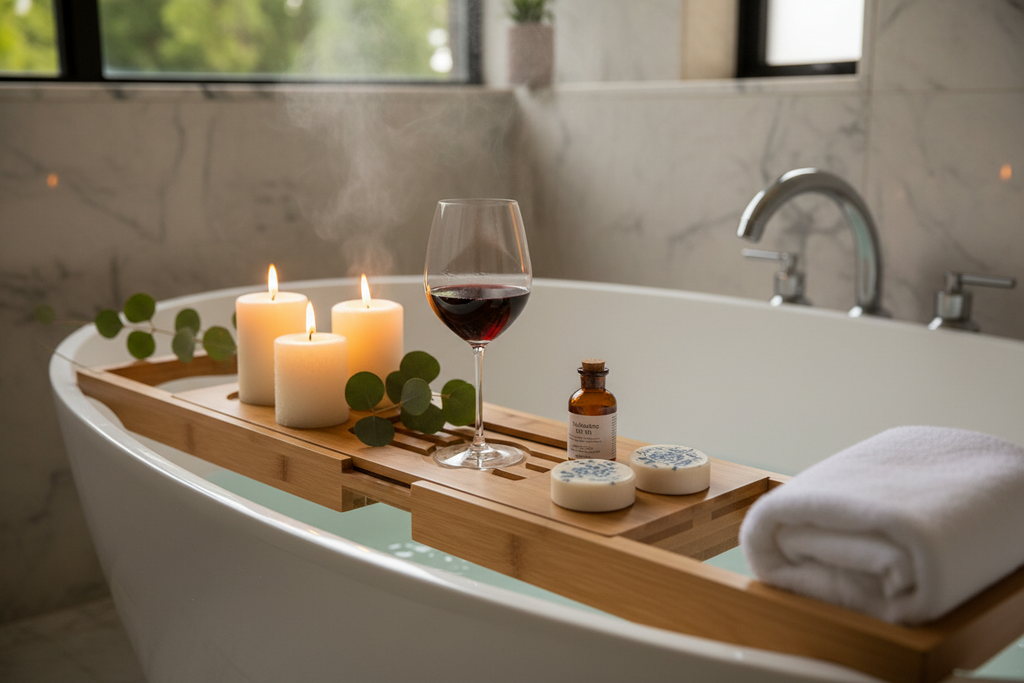 Luxury Bamboo Bath Caddy Tray | Premium Spa Bathtub Organizer & Wine Glass Holder