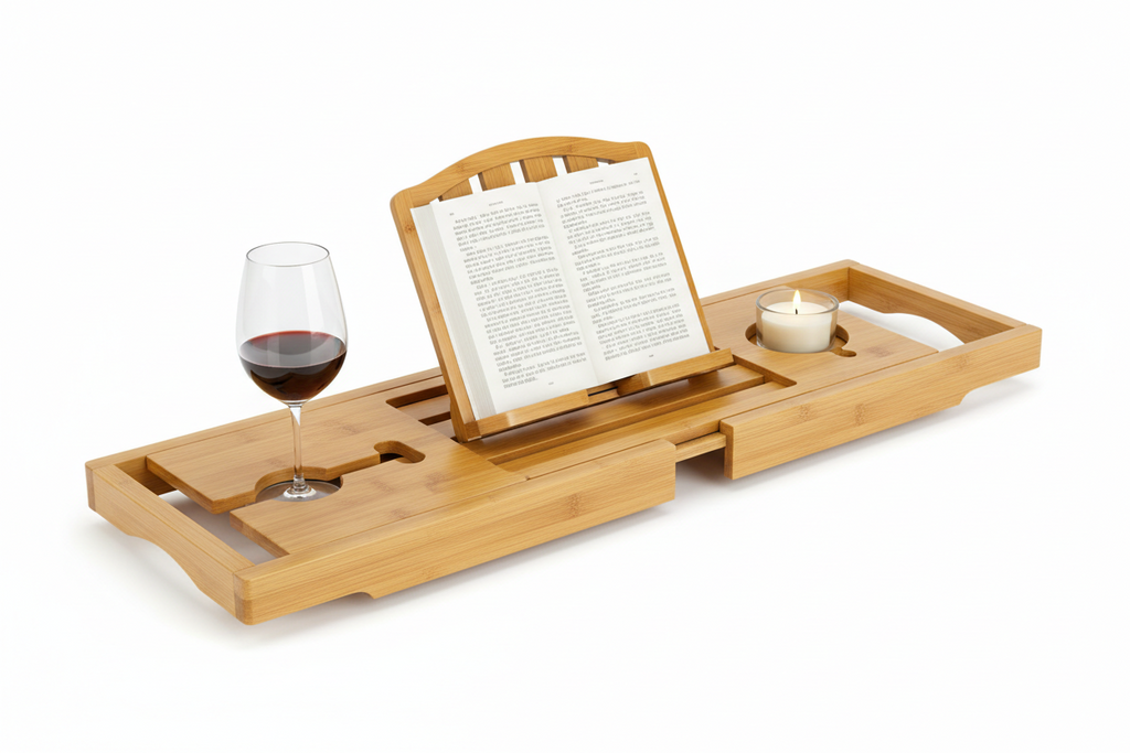 Luxury Bamboo Bath Caddy Tray | Premium Spa Bathtub Organizer & Wine Glass Holder
