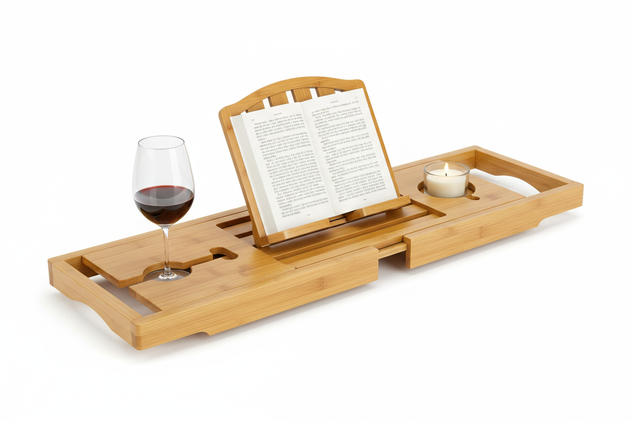 Luxury Bamboo Bath Caddy Tray | Premium Spa Bathtub Organizer & Wine Glass Holder