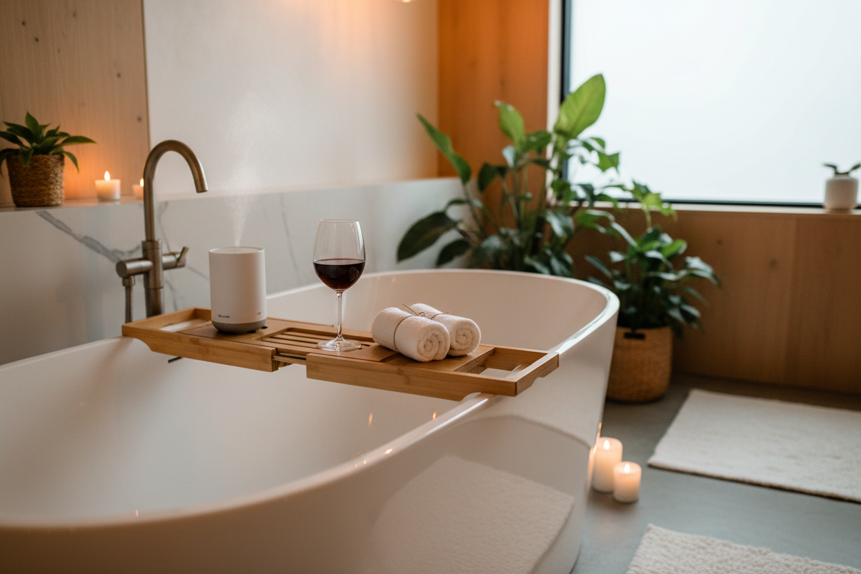 Luxury Bamboo Bath Caddy Tray | Premium Spa Bathtub Organizer & Wine Glass Holder