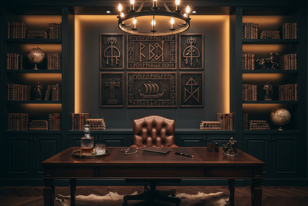 Viking Wooden Wall Art Set | Handcrafted Norse Rune Carved Decor