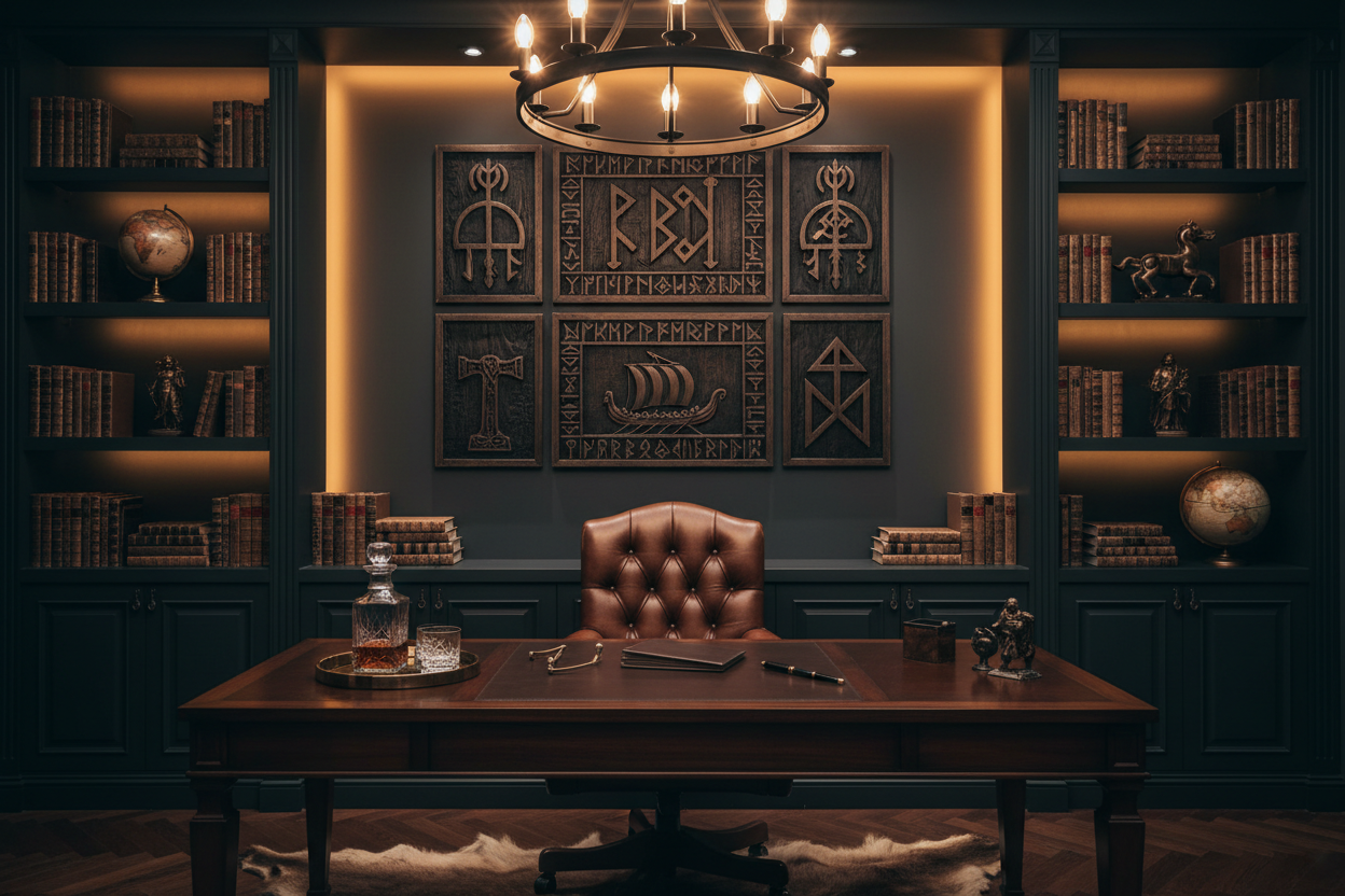Viking Wooden Wall Art Set | Handcrafted Norse Rune Carved Decor